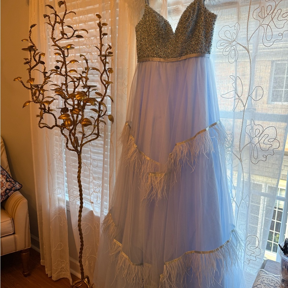 Elegant Blue and Silver Gown with Feather Details